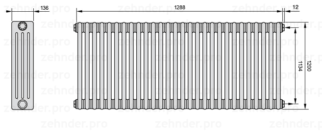 Схема (чертеж) Радиатор Zehnder Charleston 4120/28 №7610 Белый глянцевый RAL 9016
